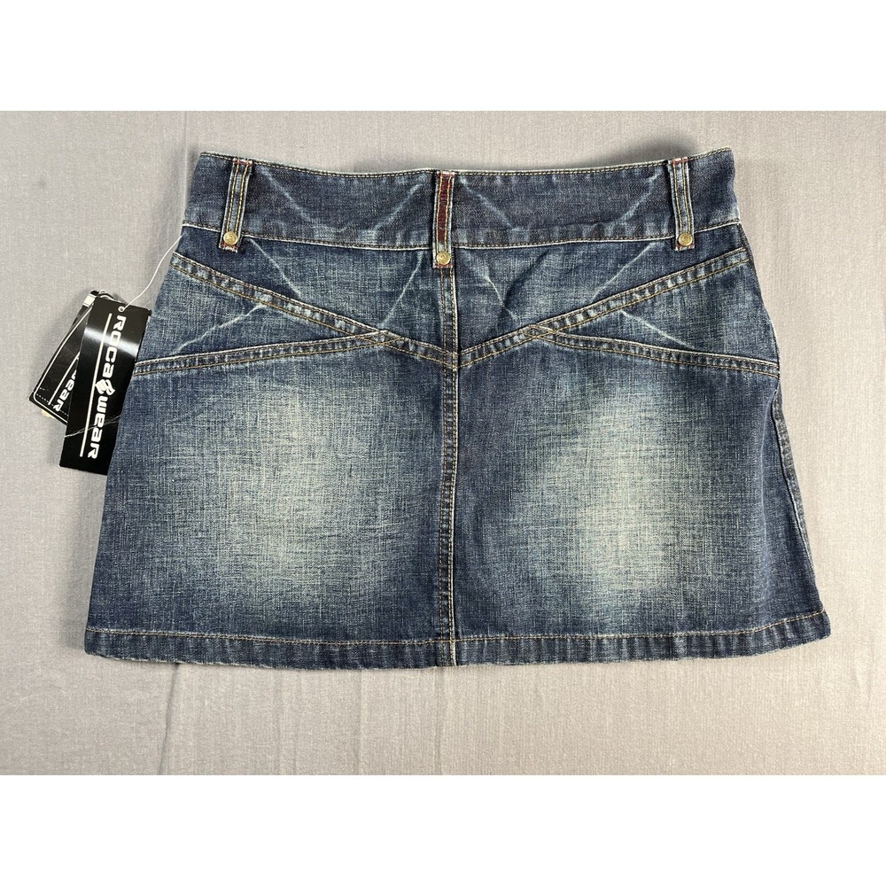 Rocawear Denim Mini Skirt Dark Wash Embroidered Logo Y2K Size 1/2 - Picture 8 of 8